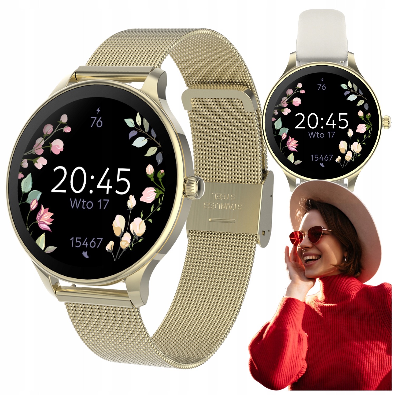 Smartwatch damski złoty zegarek na rękę na bransolecie pasek wodoodporny