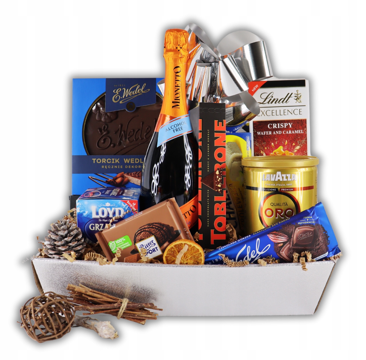 Levně Dárkový koš Sněhový Křišťál s šumivým vínem Mionetto Alcohol Free