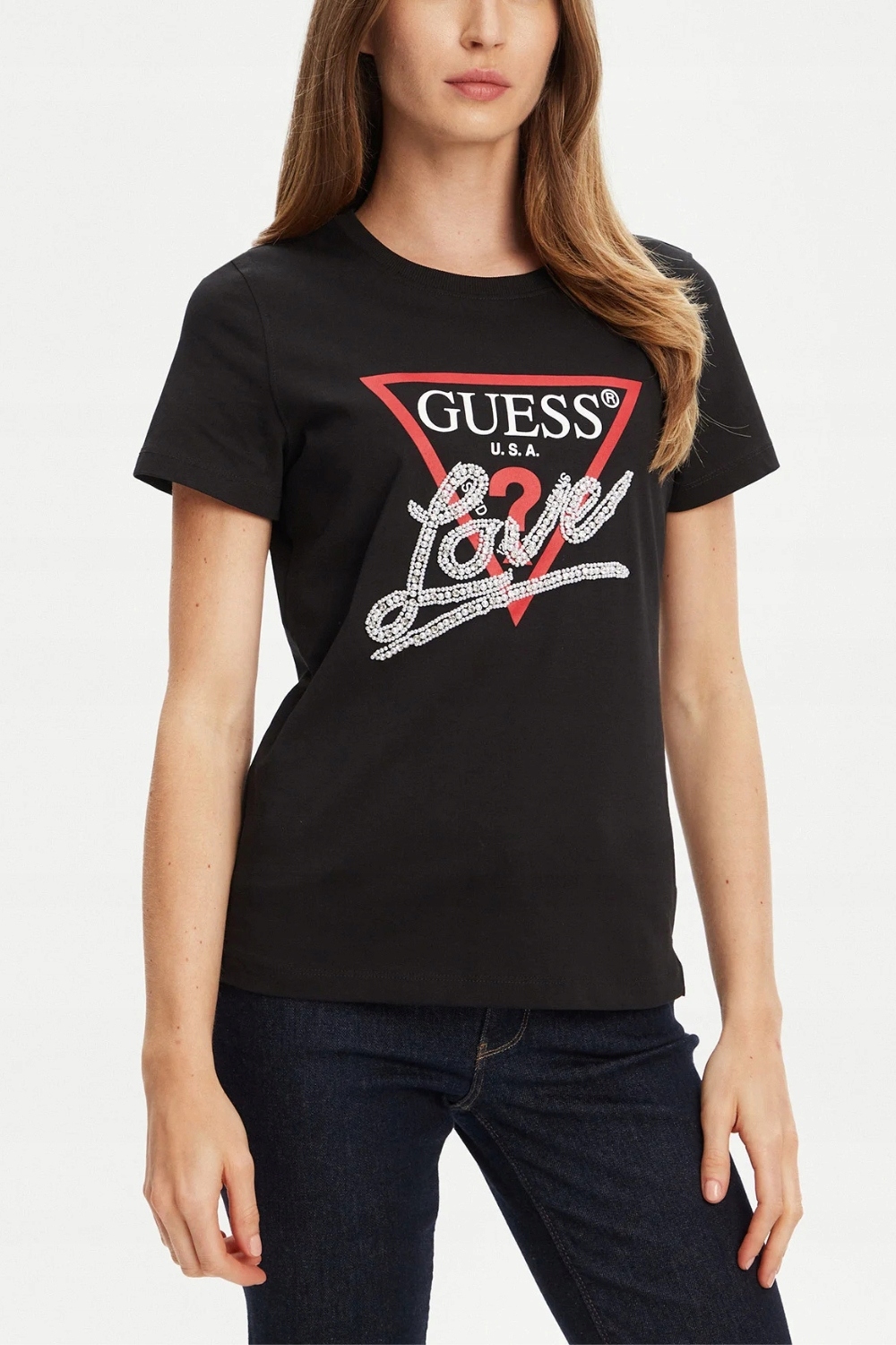 Guess Černé dámské tričko Pearls Love L