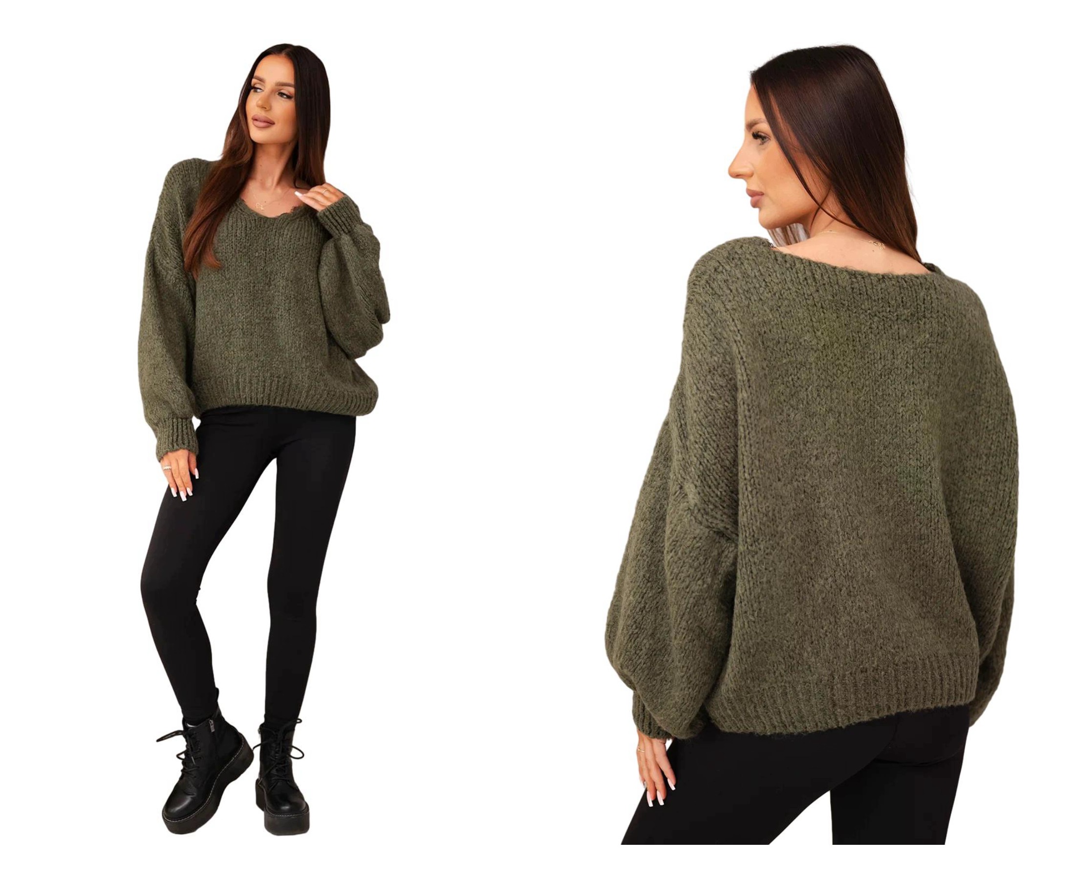Dámský oversize svetr s výstřihem do V, vlněný, s nabíranými rukávy, khaki