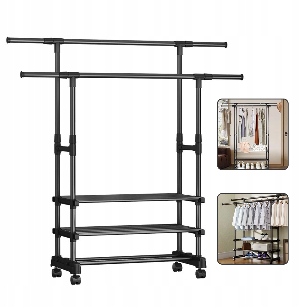 Levně Regulovatelný Stojanový Věšák Na Kolečkách, Dvouprutový, Černý, 3 Vrstvy