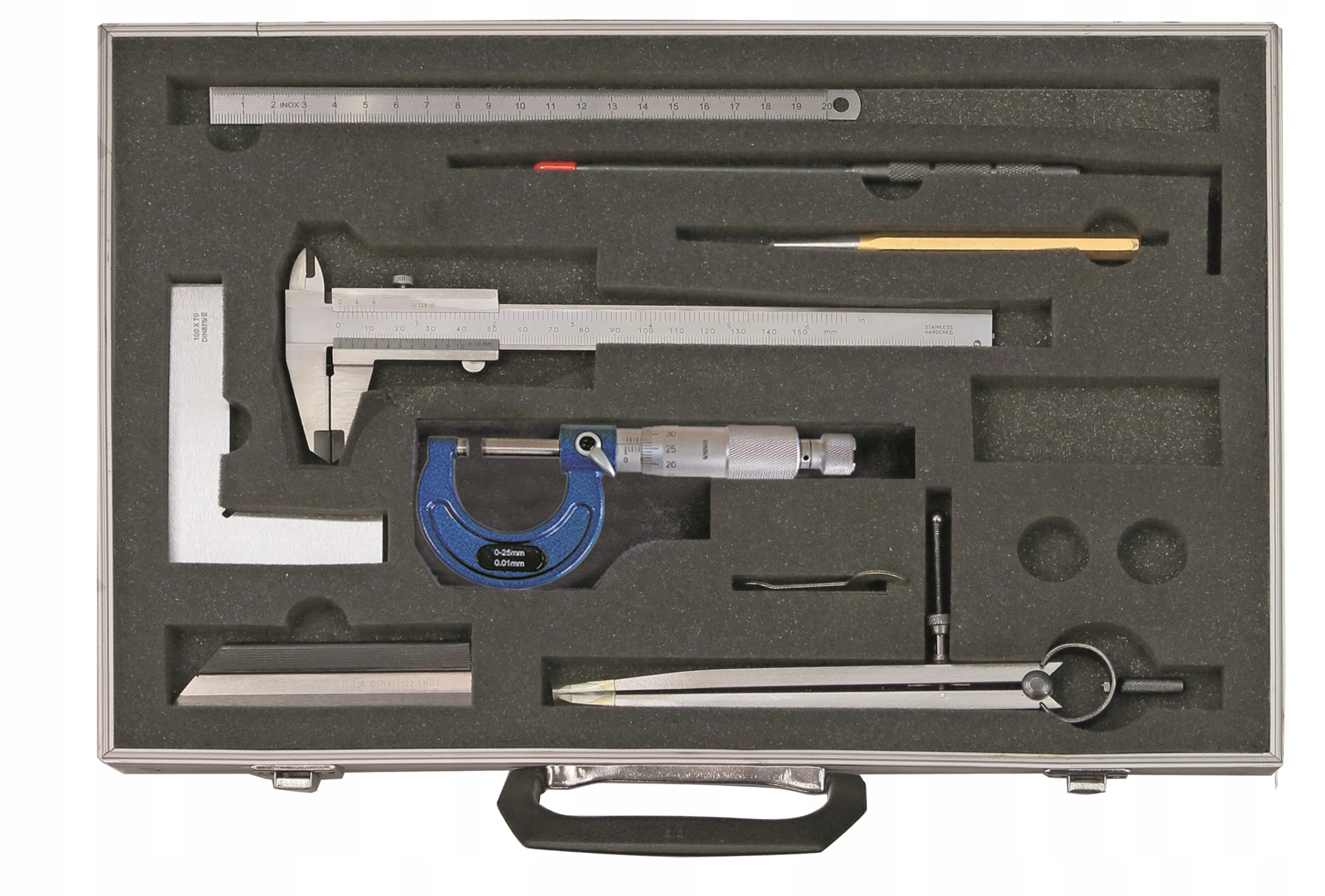 Měřící Nástroje 8 Ks Posuvné Měřítko 150x40 Mirkometr Úhelník Linka