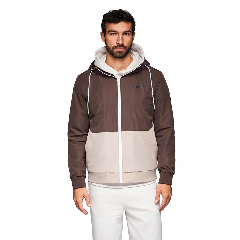 Lekka wiosenna kurtka męska z kapturem brązowo-beżowa V1 OM-JANP-0242 XL