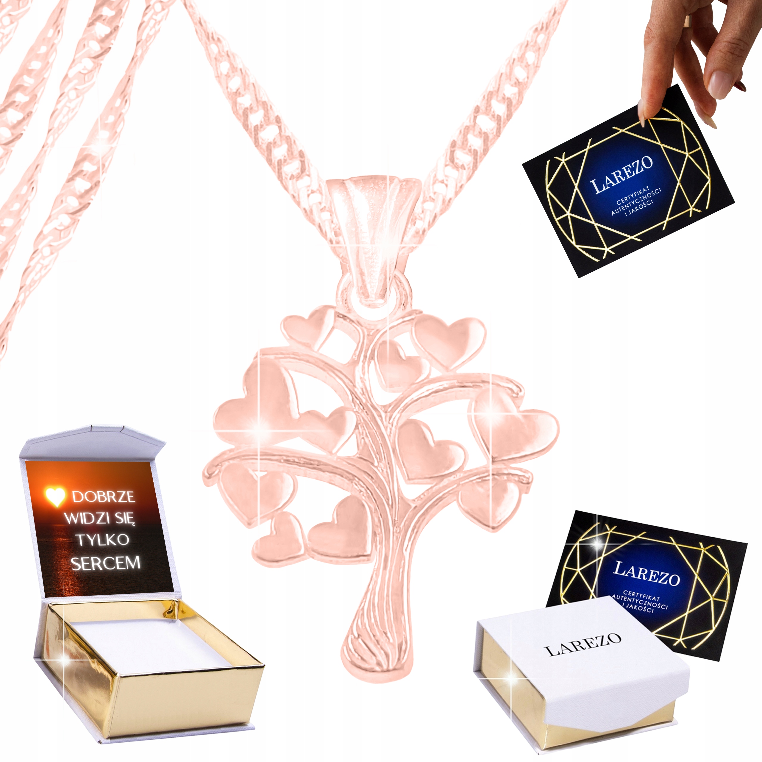 Náhrdelník Růžový 925 Strom života se srdíčky Strom štěstí Srdce Potisk