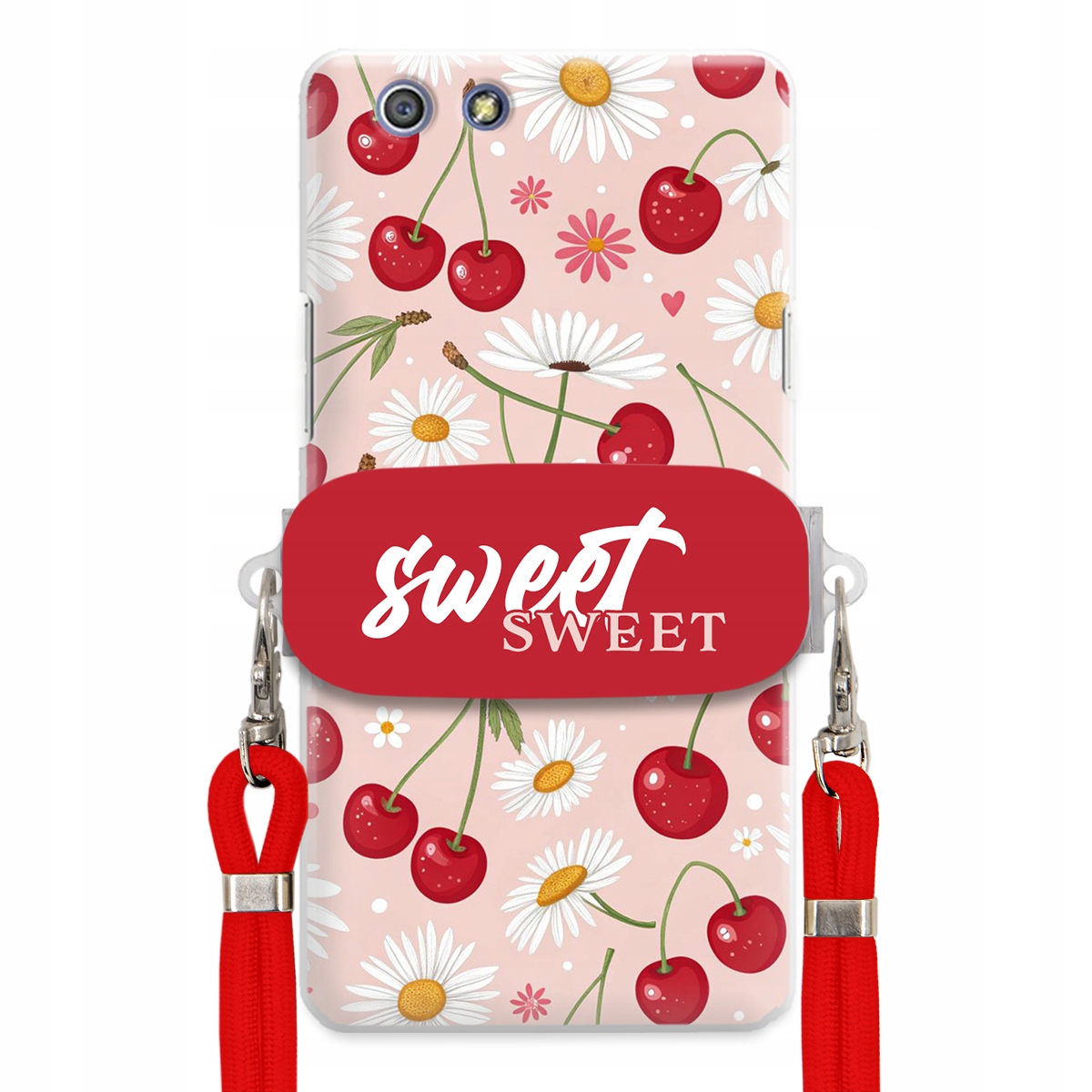 Puzdro pre Oppo A51 Červené vodítko Crossbody držiak Sweet Sweet Kvet čerešne