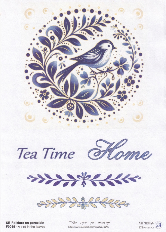 Papier Ryżowy decoupage - Folklor na Porcelanie / Liście i Ptak /proj.AV A4