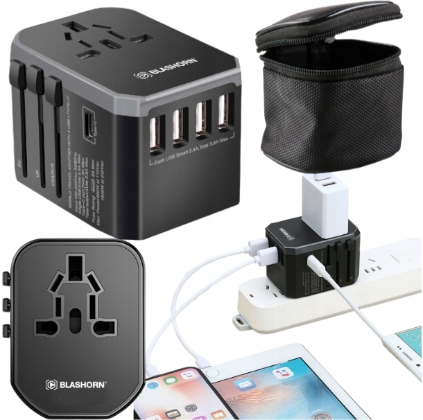 Nabíječka Cestovní Adaptér Usa Gb Eu 4xUSB 1xUSB-C Pouzdro