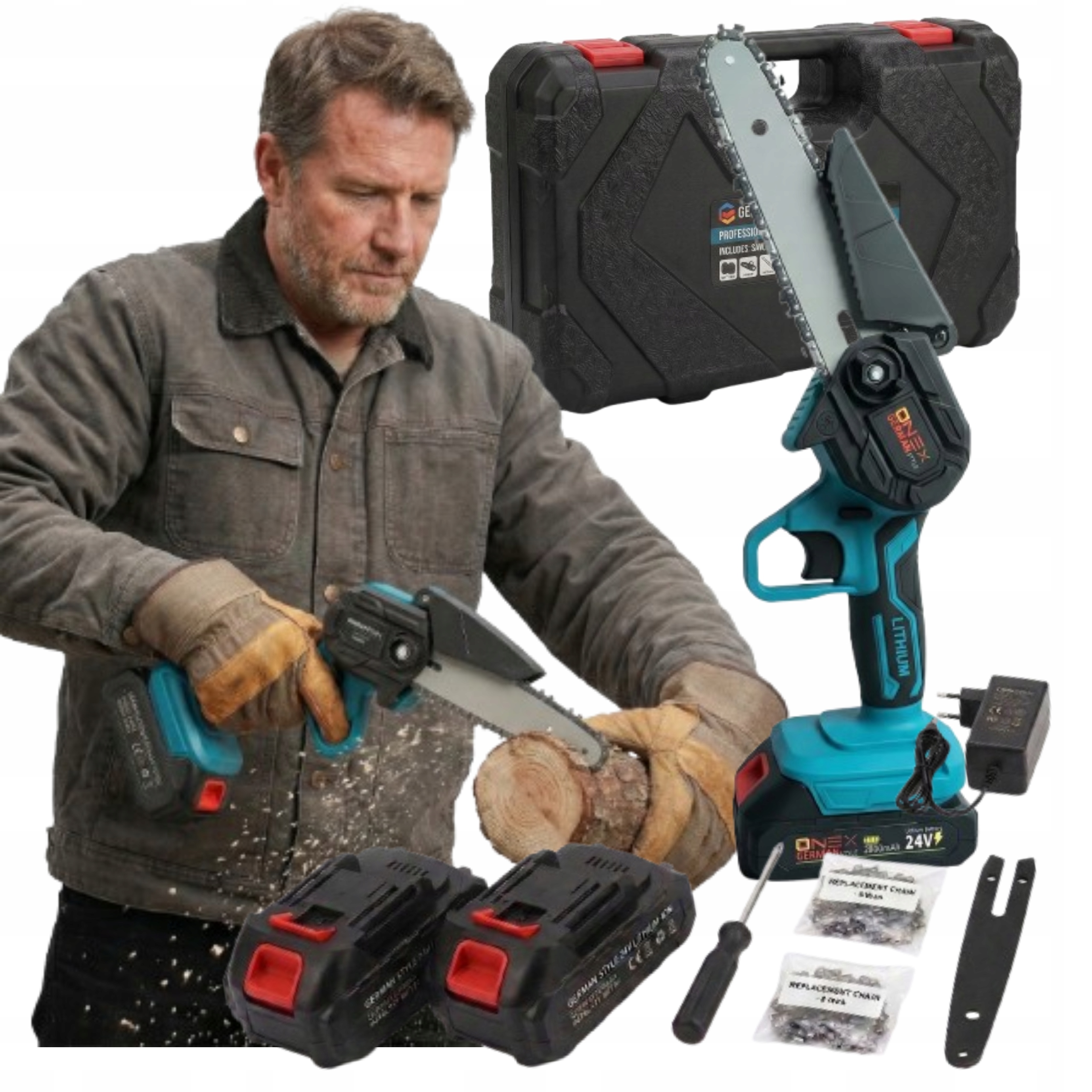 Piła Łańcuchowa Akumulatorowa Bezszczotkowa 24V 2xAKU 2xŁańcuch 6" ONEX3301