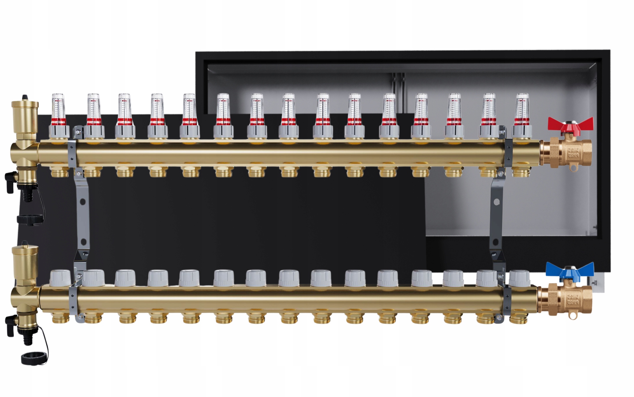 Rozdělovač podlahových krytin mosazný 15 okruhů skříňka černá jednoduchý ventil