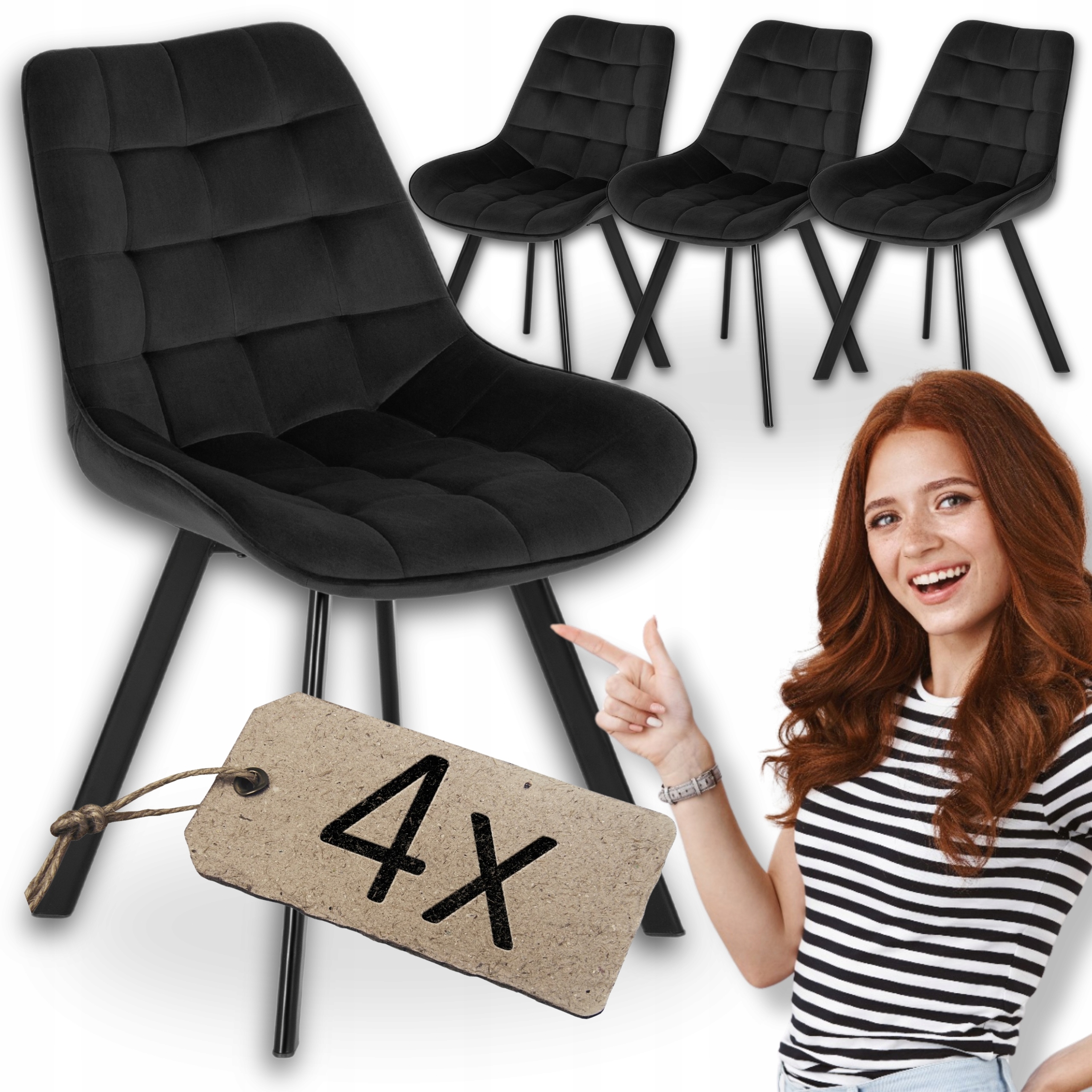 Krzesło Pikowane Welurowe Czarne Loft Do Salonu Jadalni Rick 4x