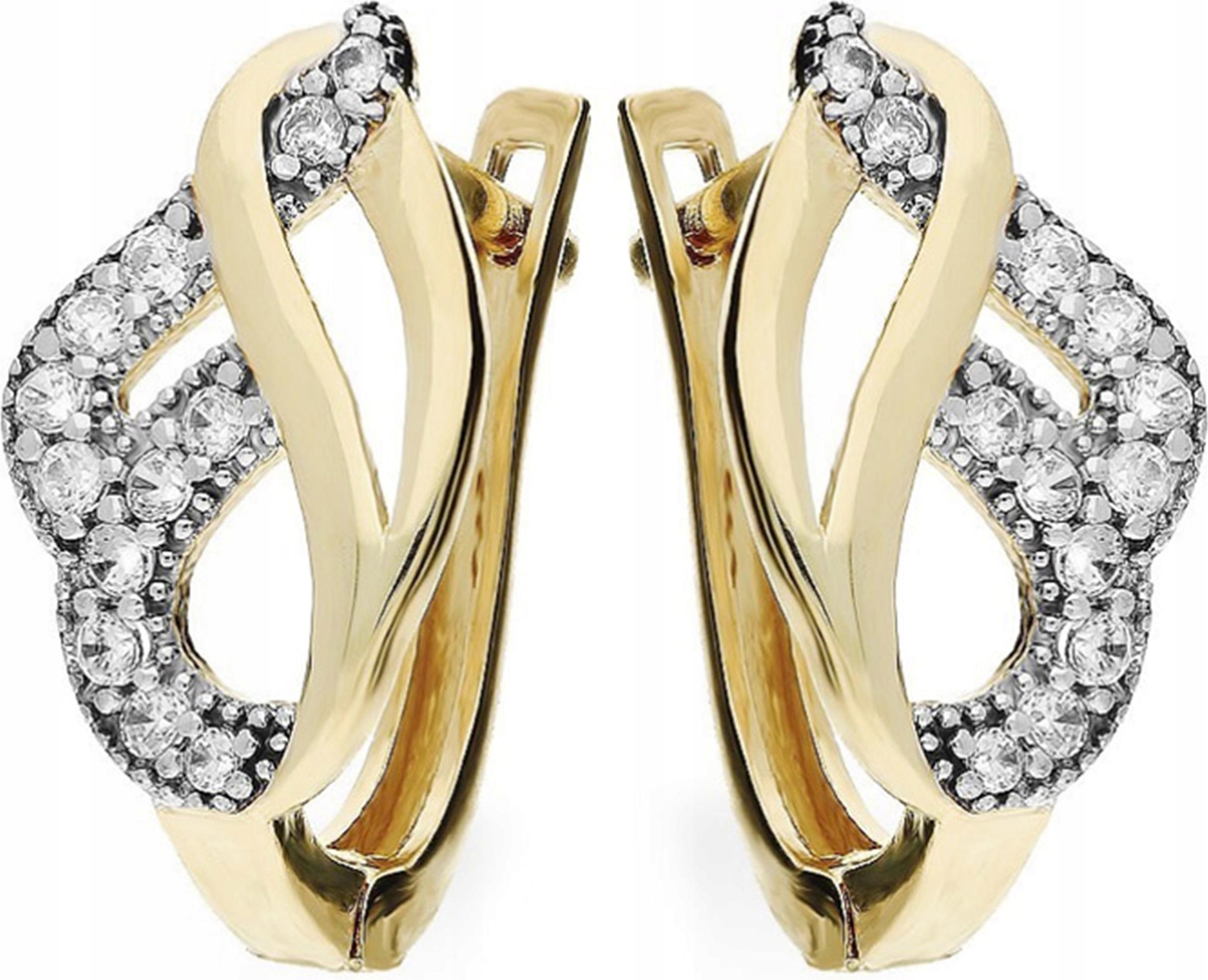 Zlaté náušnice 585 vlnky, bílé zirkony 2,05 g, elegantní vzor pro ni