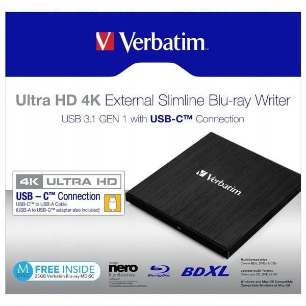 Nagrywarka zewnętrzna Verbatim Slimline Blu-Ray Ultra Hd 4K