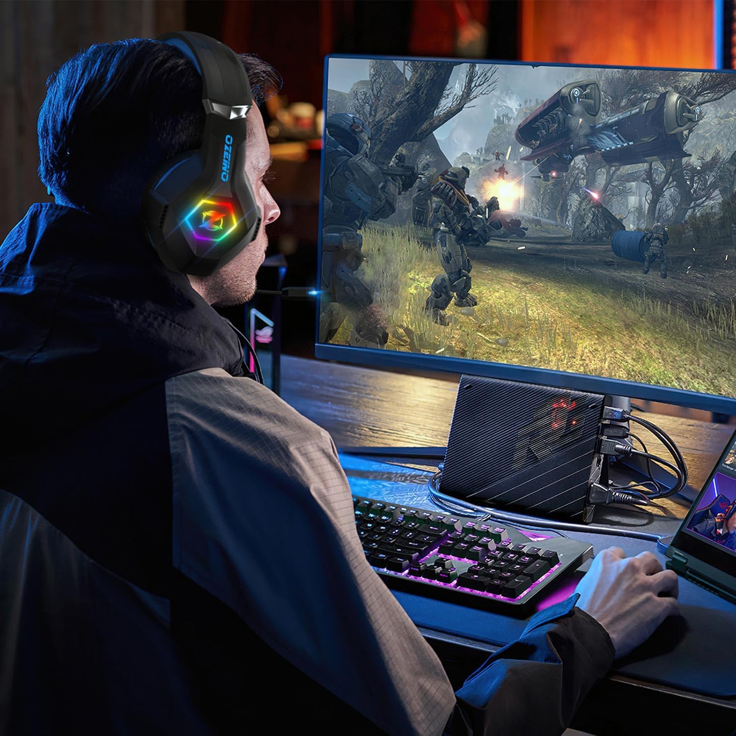 OZEINO Słuchawki Gamingowe PS4 PS5 PC z Mikrofonem 3D RGB Redukcja Szumów — miniatura 2