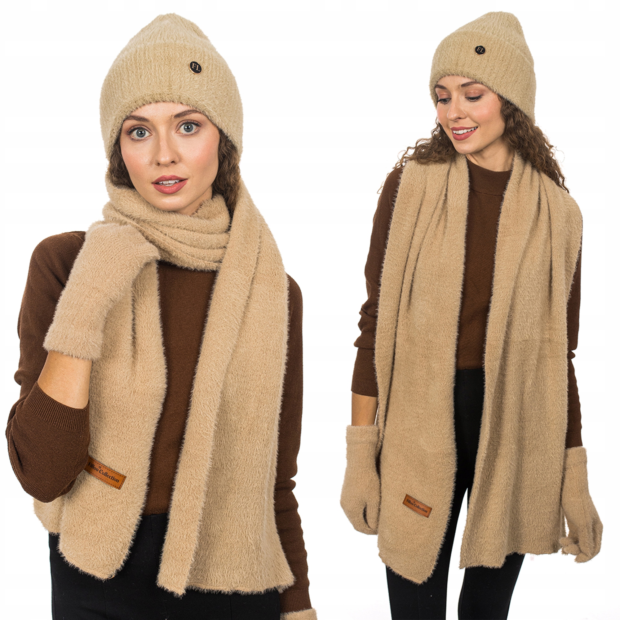 Bezový komplet Čepice Šála Rukavice 3v1 Zimní Teplá Alpaka