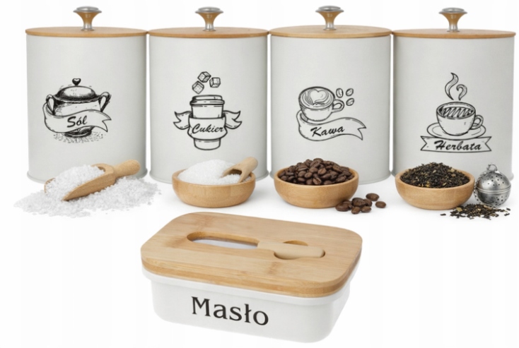 Pojemniki Komplet Kawa Herbata Cukier Sól Metalowy Bambus Maselniczka