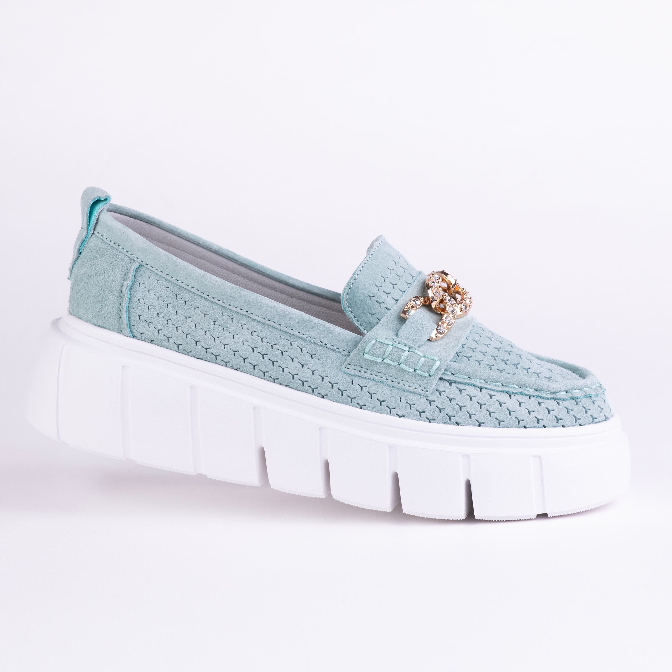 Dámské ažurové mokasíny Goodin GD-FT-127, semišová kůže, lehké máta 38