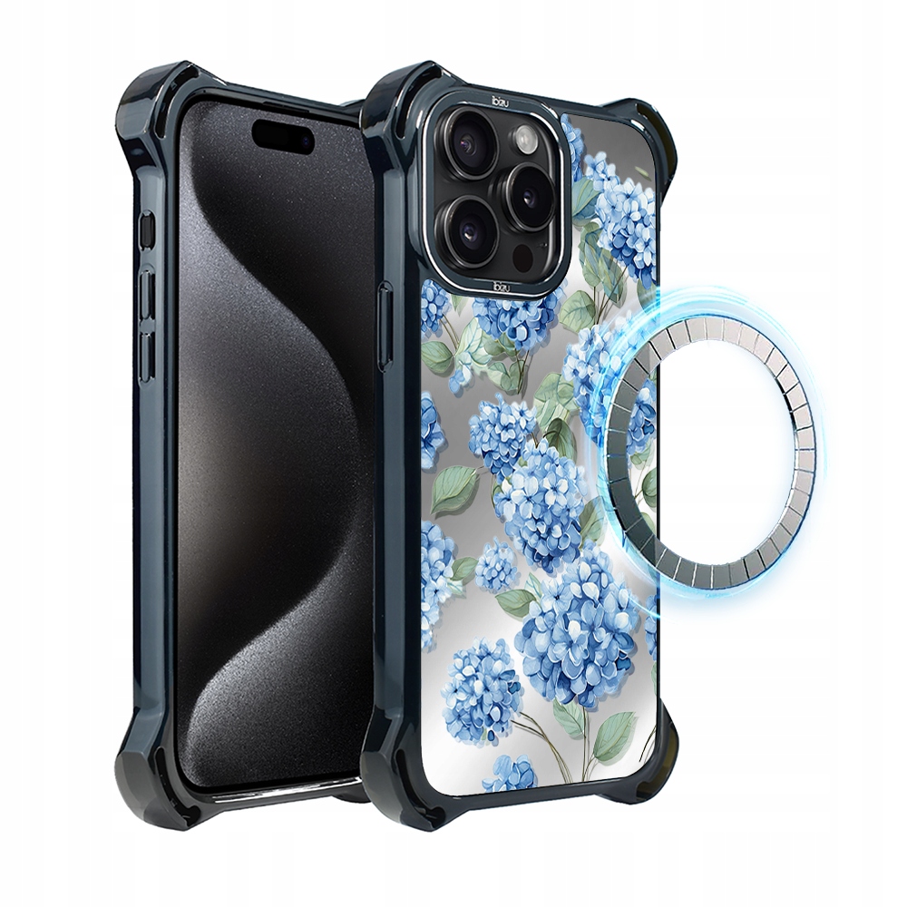 Pouzdro pro iPhone 15 Pro Ibizu DropGuard Ultra s MagSafe, safírová hortenzie