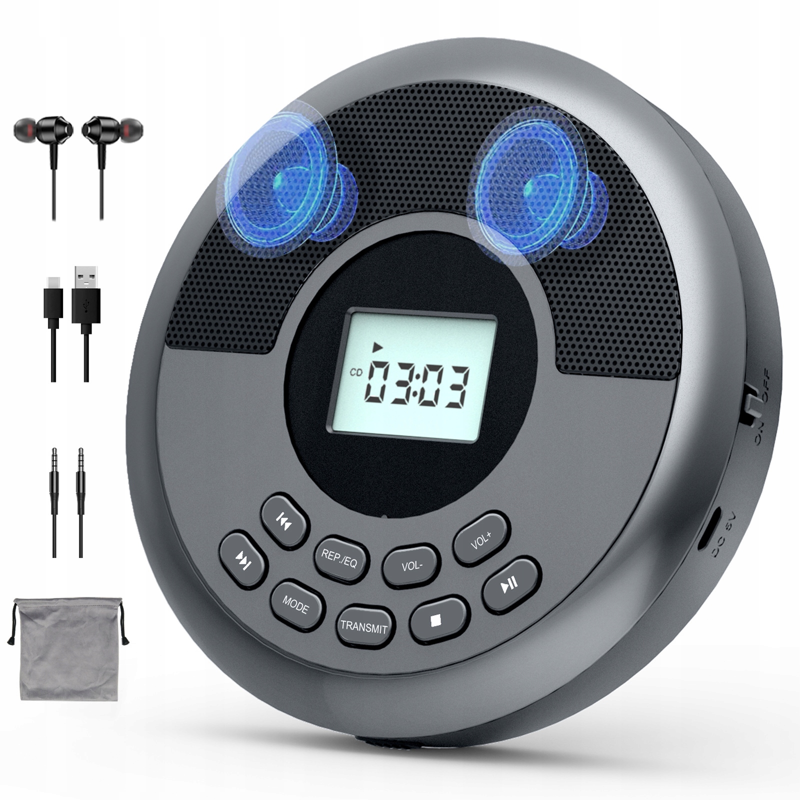DISCMAN – PRZENOŚNY ODTWARZACZ CD MP3 BLUETOOTH, AUX, GŁOŚNIKI + SŁUCHAWKI