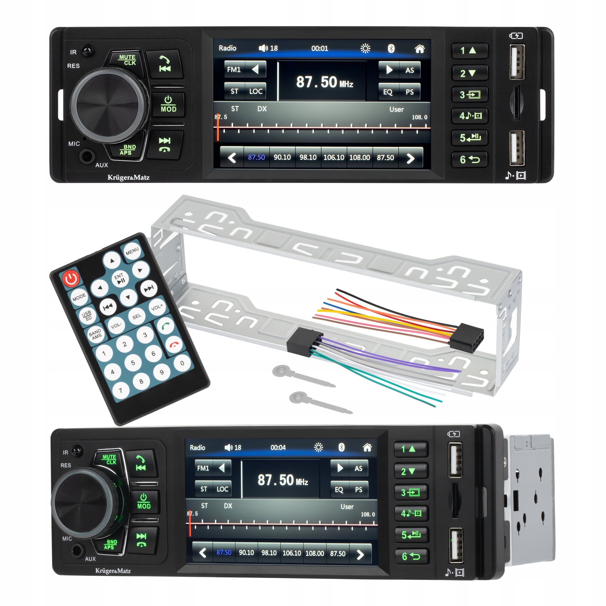 Autorádio Kruger&Matz Bluetooth 4“ Aux zásuvka pro couvací kameru 1 Din