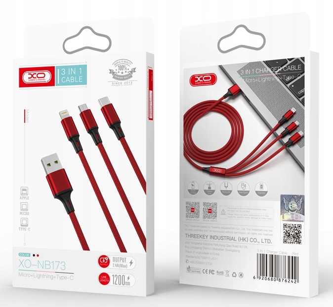 Kabel Przewód 3w1 USB Lightning Micro B Typ C 1.2m Kod producenta Kabel USB- Lightning / Micro USB / typ C