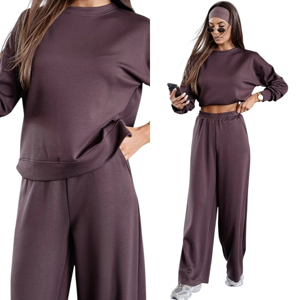 Dámská Teplákovka souprava s širokými kalhotami a oversize mikina L/XL hnědá