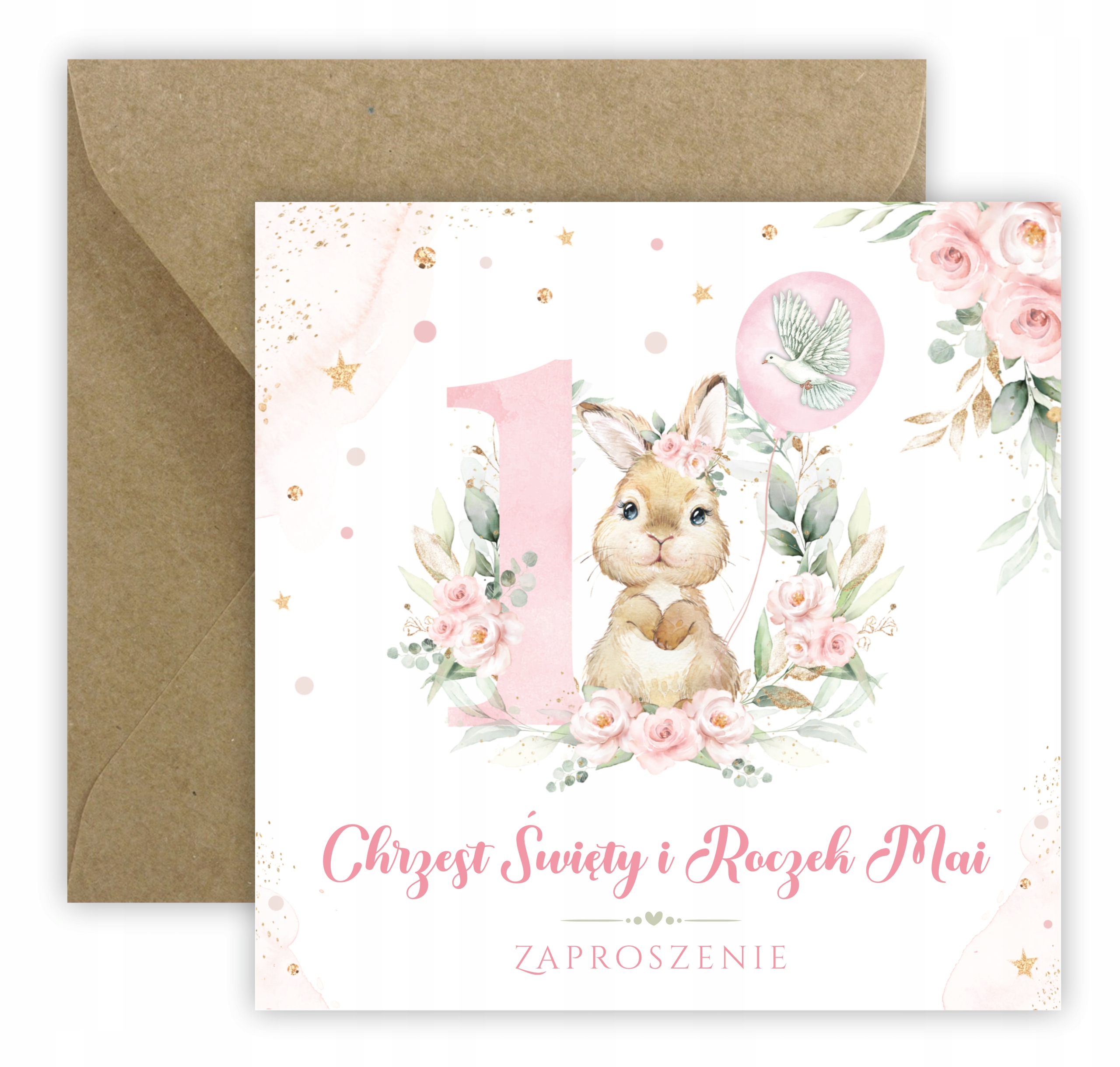 ZAPROSZENIA NA CHRZEST I ROCZEK SŁODKI KRÓLICZEK KOPERTA RÓŻOWA Marka inna