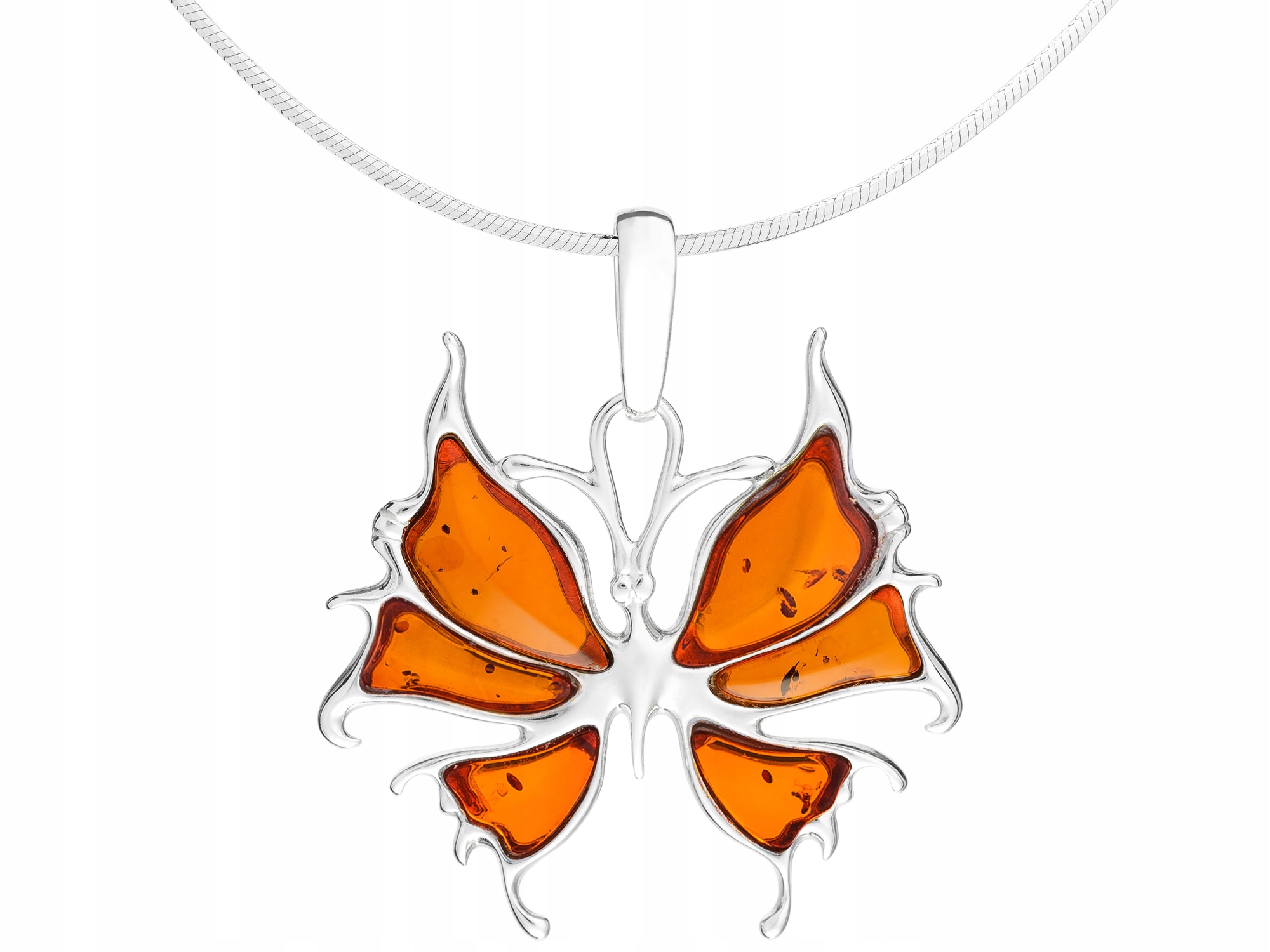 Dlouhý stříbrný dámský náhrdelník Motýl s jantarem Motýlek Jantar 90