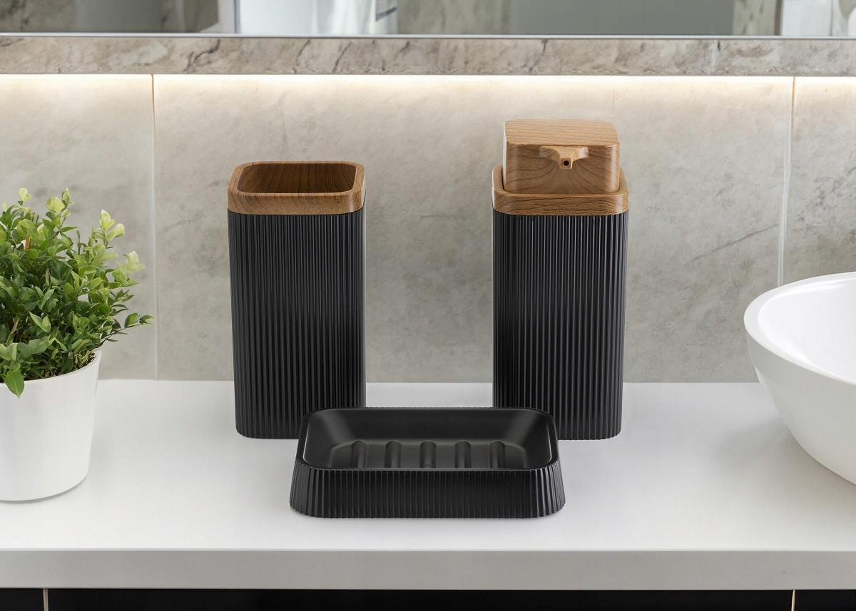 Komplet łazienkowy Zoya Zestaw Akcesoria 5 elementów czarny drewno 5w1 EAN (GTIN) 5907600435957