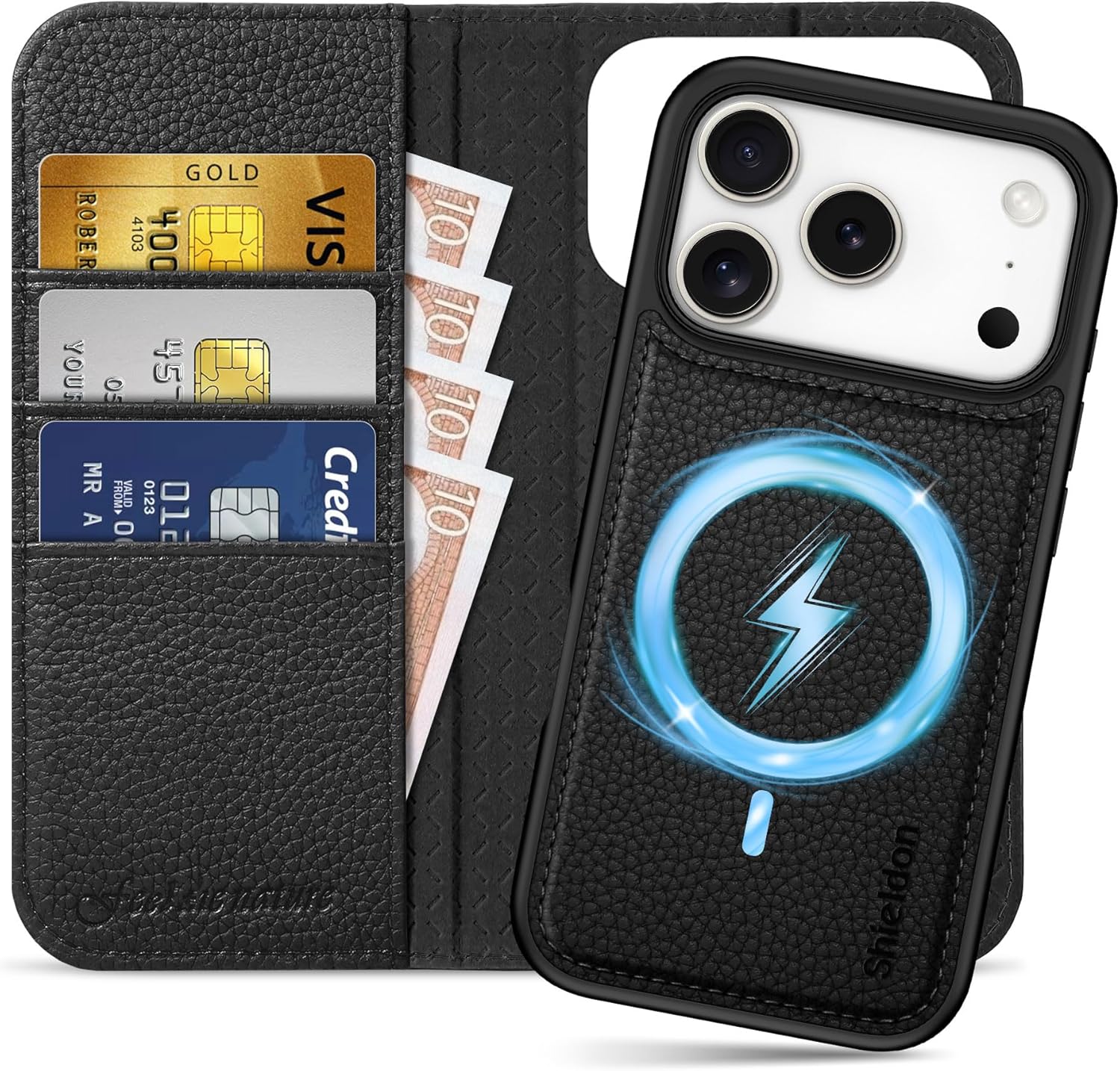 Etui z klapką Plecki 2w1 MagSafe Shieldon Prawdziwa Skóra do iPhone 17 Pro