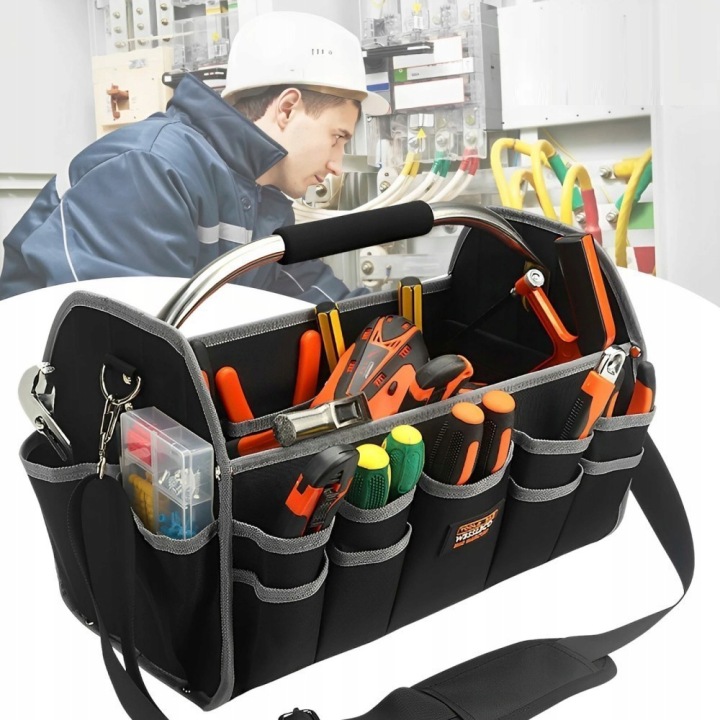 Pracovní taška na nářadí otevřená s rukojetí, popruh na rameno velký 41×22×27 cm