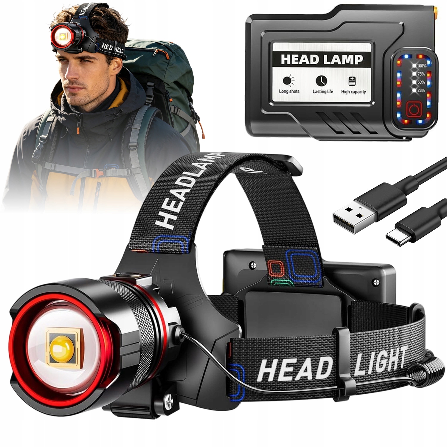 Čelovka Led Lampa Akumulátor Čelovka Senzor Gesta Usb 5 Režimů