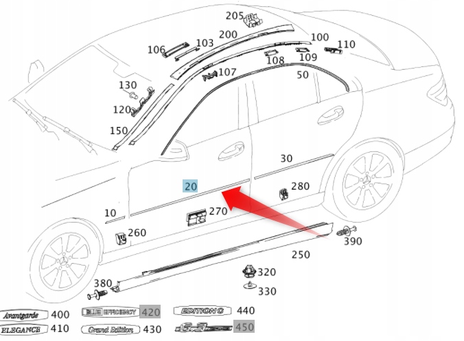 Chromovaná Boční Lišta Mercedes C Třída W204 Dveře Pp A2047200280