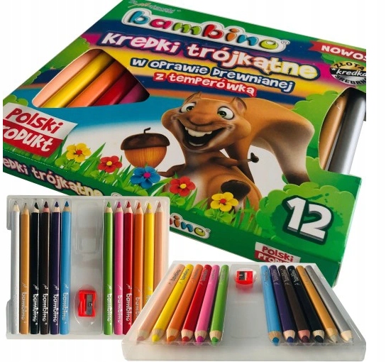 

Kredki Trójkątne Grube +temperówka 12 szt. Bambino