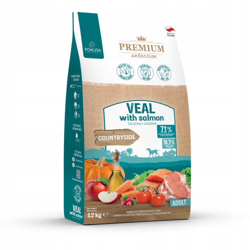 Levně Pokusa Telecí S Lososem Adulty 12 kg Pro Dospělé Psy Bez Prémiových Obilovin