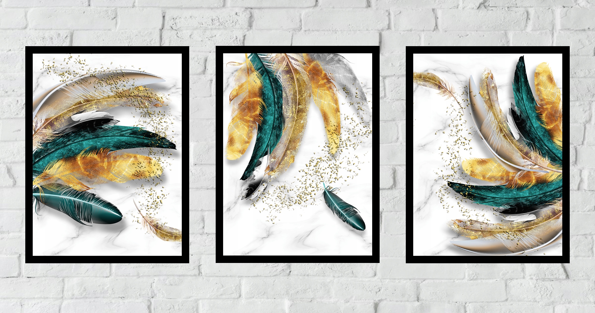 ZESTAW A3x3 RAMKA OBRAZ ZŁOTE LIŚCIE PIÓRA W RAMIE Wysokość produktu 40 cm