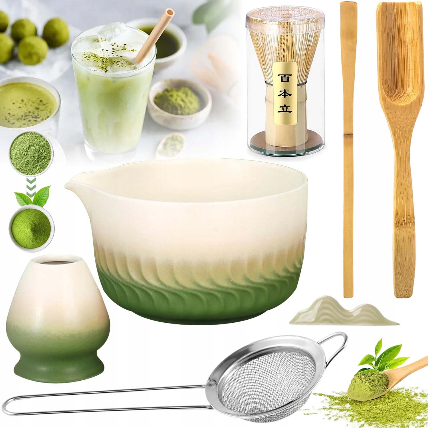 Zestaw Do Matchy 7W1 Ceramiczny Czarka Miotełka Łyżeczka Do Herbaty Matcha
