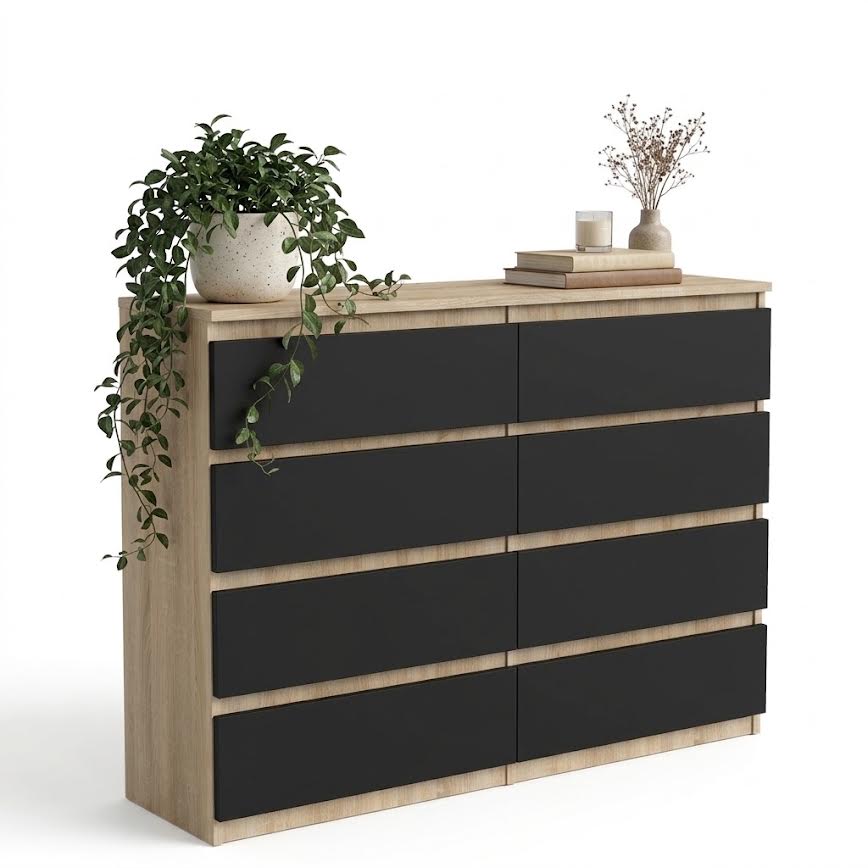 Komoda dub Sonoma se zásuvkami 120 cm, 8 zásuvek, černá čela Výrobce