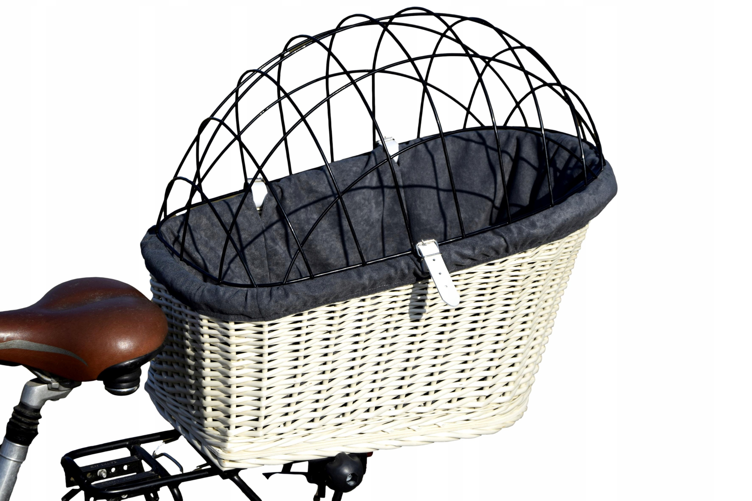 Biały kosz z kratką na bagaż Koszyk z obszyciem i poduszką Ciemna Popiel