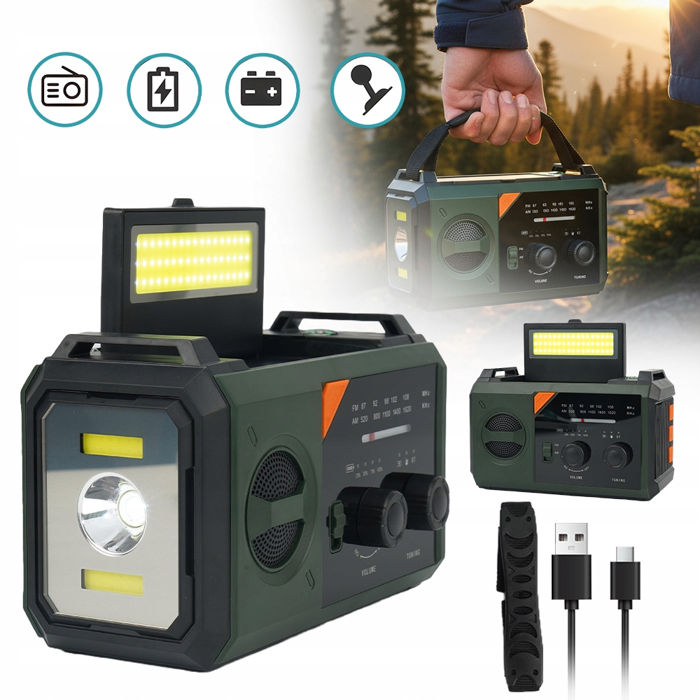 Radio Bluetooth 5.3 Z Latarką Led I Kompasem 20000MAH Powerbank