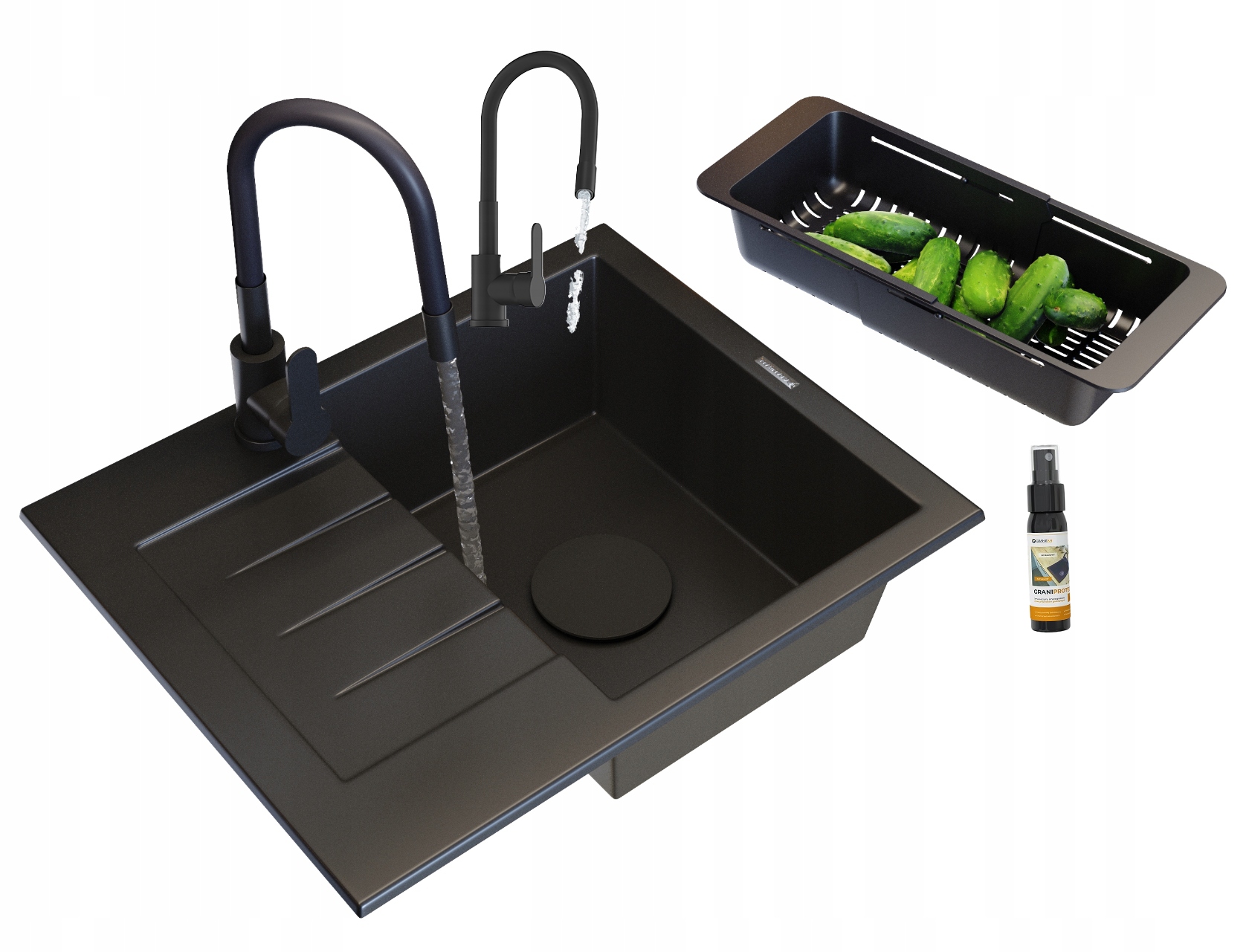 Granitový Drez Čierny Kuchynská Batéria Krytka Košík Sada Milano