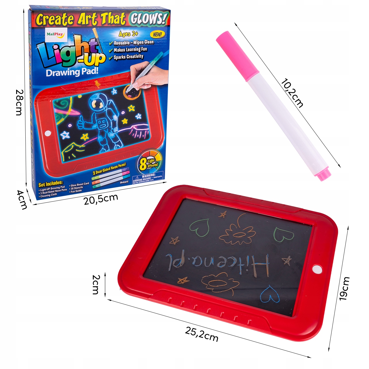 TABLET GRAFICZNY ŚWIECĄCY MAGICZNY ZNIKOPIS LCD LED PISAKI 6x SZABLONY 30x Marka Malis
