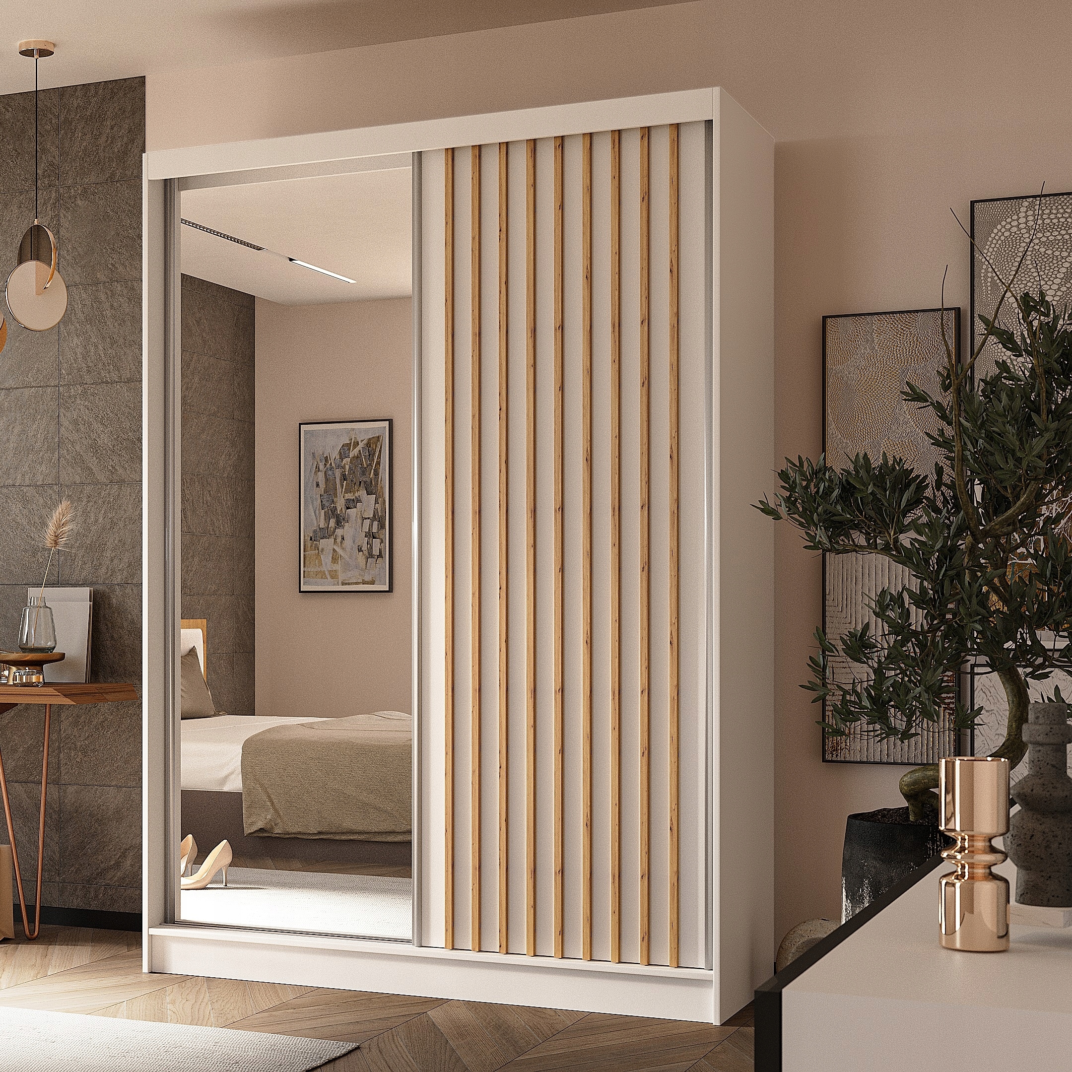Skříň dvoudveřová Lamello 150 cm Skříň se zrcadlem Posuvná bílá