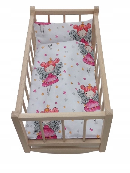 KOŁYSKA dla lalek drewniana + pościel 3 ELEMENTY
