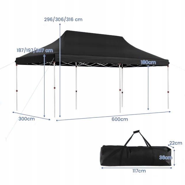 Rozkładany namiot imprezowy pawilon ogrodowy 3x6m Kolor czarny