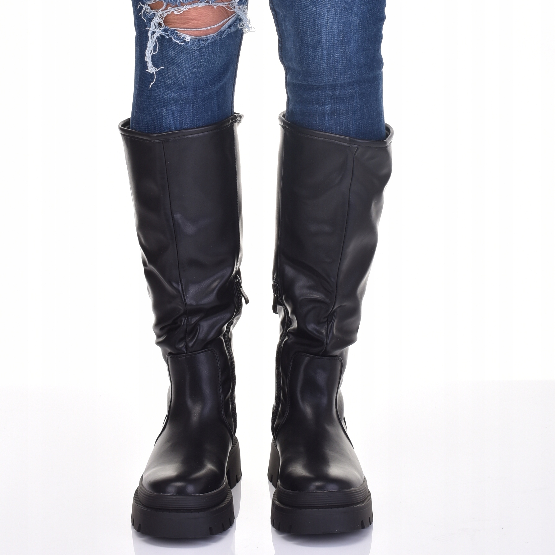 KOZAKI PRZED KOLANO WSUWANE SKÓRZANE DAMSKIE NA PLATFORMIE Długość wkładki 24.5 cm