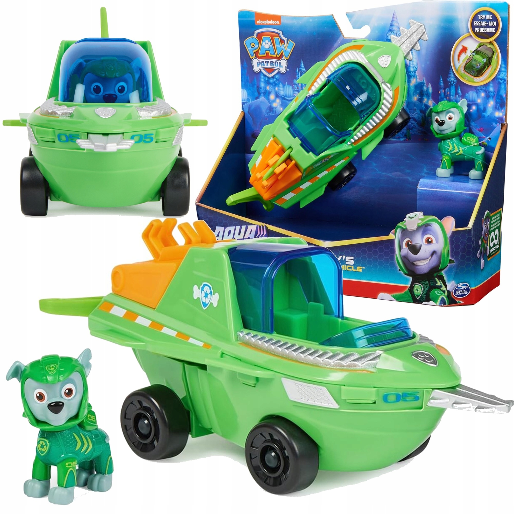 PSI PATROL ROCKY POJAZD ŁÓDŹ PODWODNA RYBA PIŁA + FIGURKA AQUA PUPS
