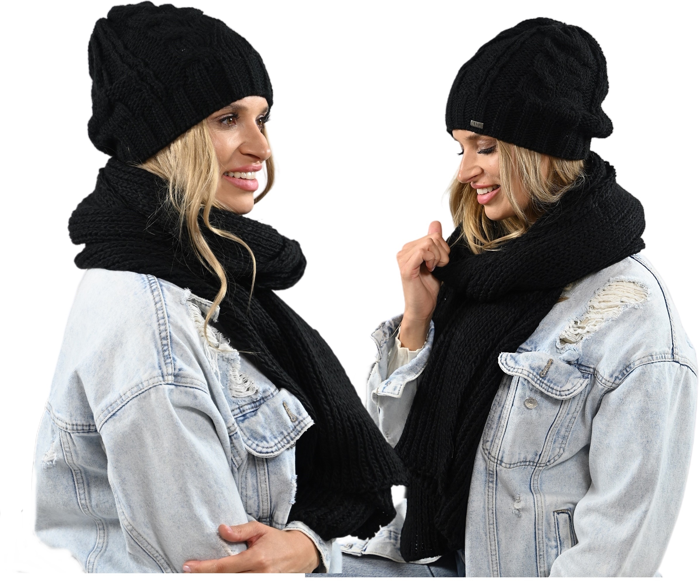 Černý dámský komplet beanie Čepice Šátek Teplý zimní set polský