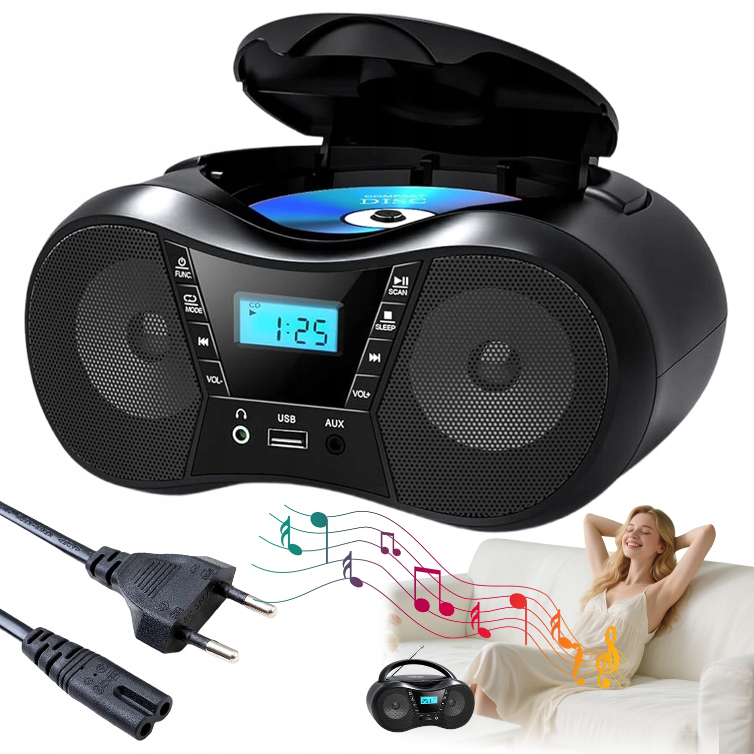 Stereo Přehrávač CD S Fm Rádiem Bluetooth Usb, Přenosný, Černý