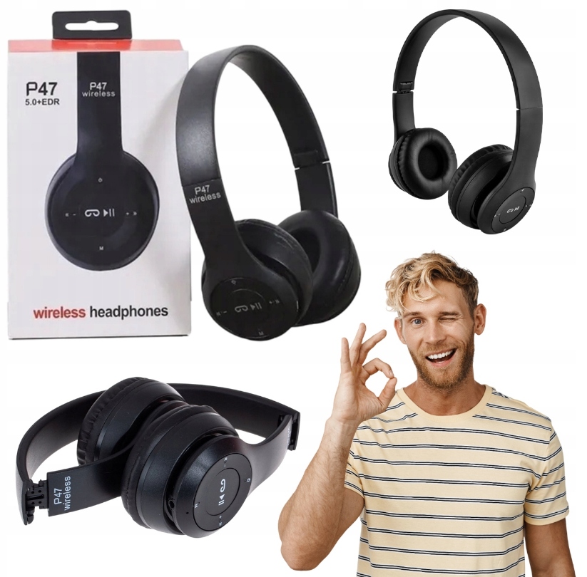 Słuchawki Bezprzewodowe Nauszne P47 Bluetooth Mikrofon Czarne