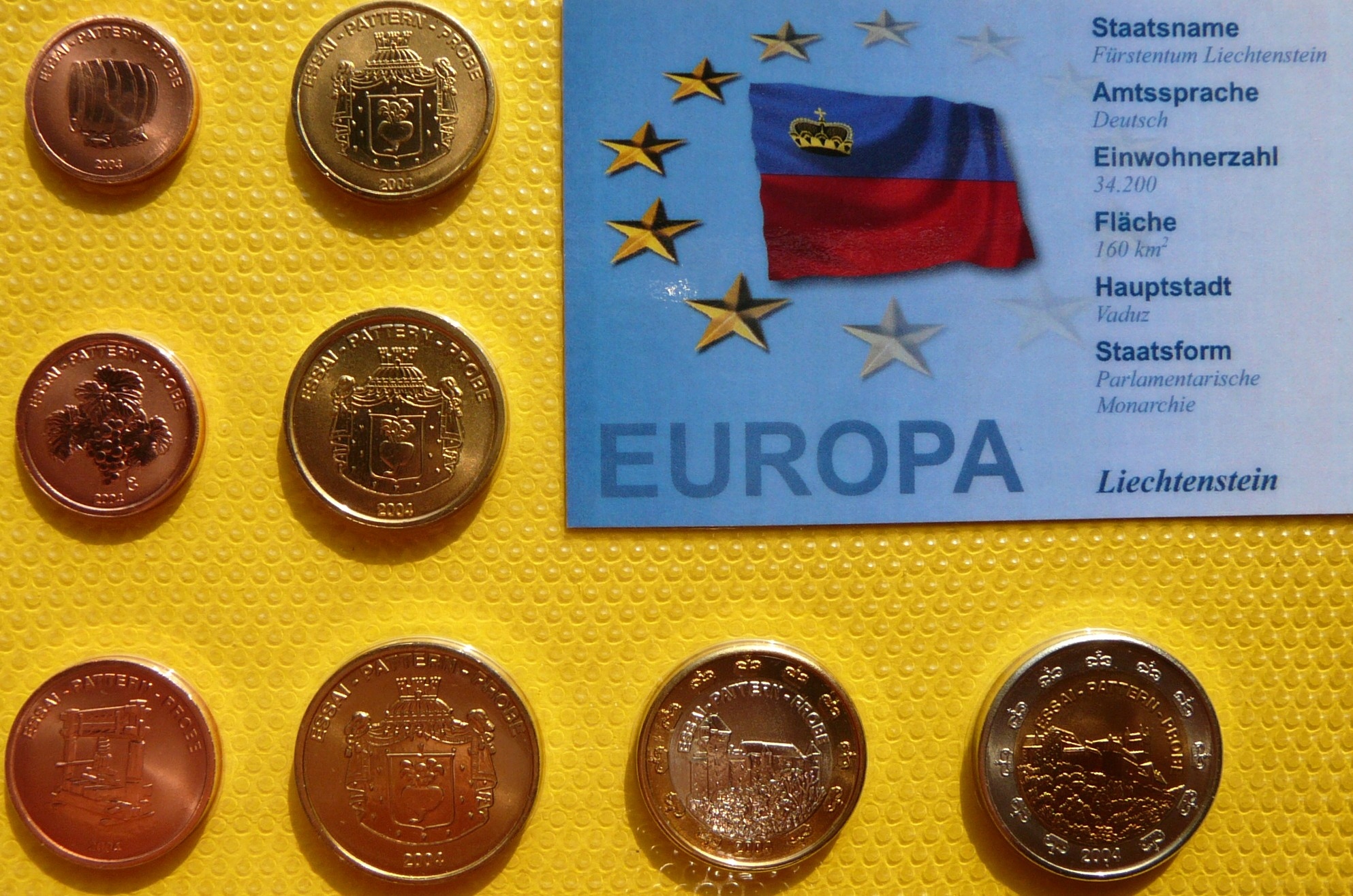 SET 8 SZT EURO LIECHTENSTEIN 2004 PAŁAC HERB WINO PRÓBY